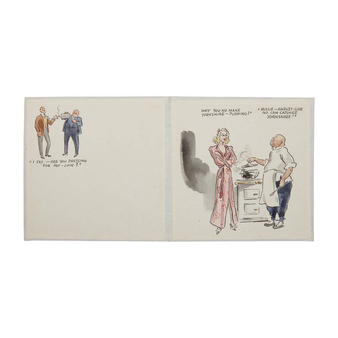 Friedrich Schiff, Two Shanghai Sketchbooks: Friedrich Schiff (Austrian, 1908 - 1968)'two hand colored cartoon style books in concertina binding with silk board covers, 1930s,'including (i) "Maskee: A Shanghai Sketchbook," numbered 12 on last pa