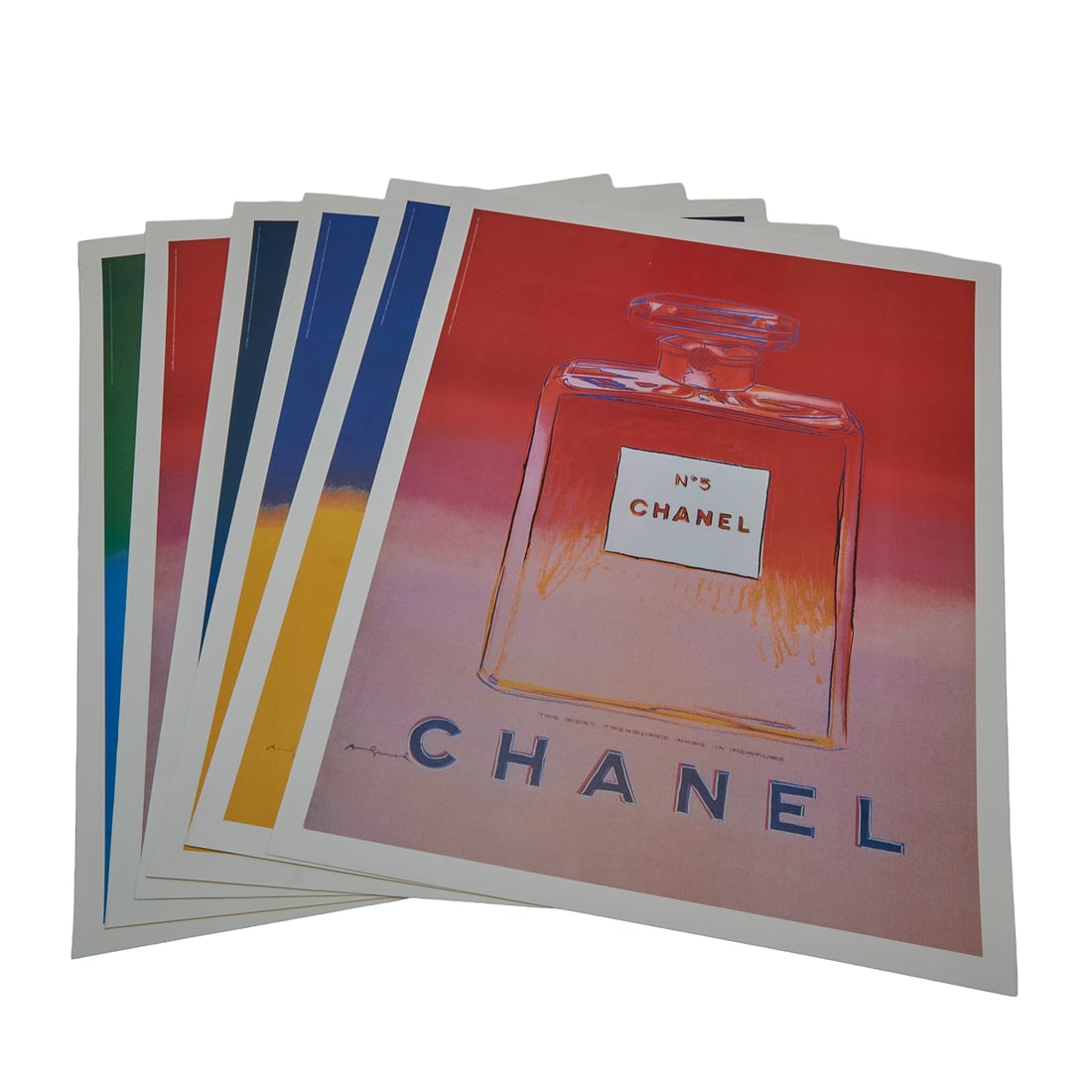 After Andy Warhol, Chanel No. 5, Six Posters: After Andy Warhol (American, 1928-1987), six'posters on canvas, Chanel No. 5, [approximate dimensions - overall: 30 1/4" H x 24 1/2" W], signed in plate; all unsigned; at upper left: "Copyright 1997 A