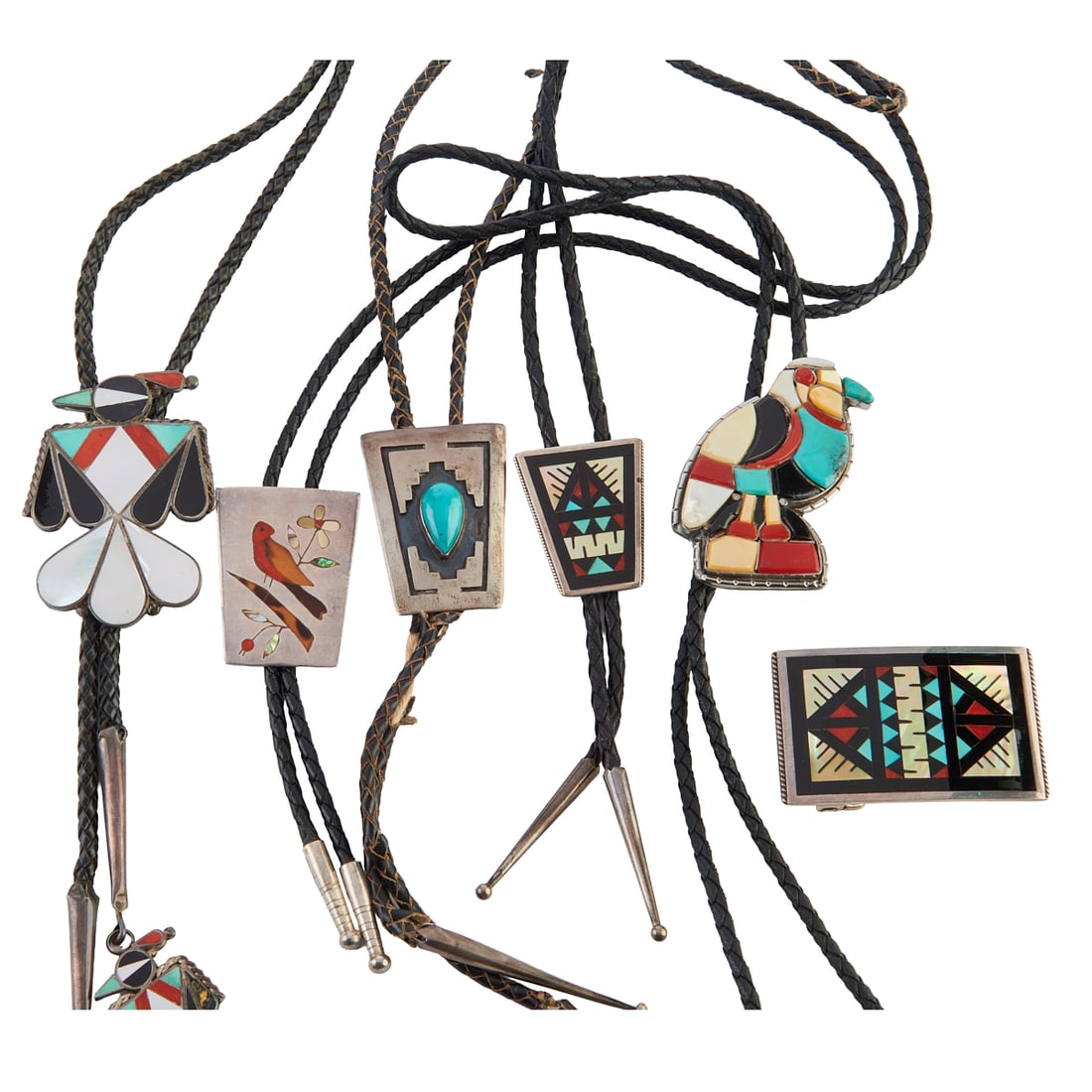 Collection of Native American Bolo Ties and a Buckle: Collection of Native American Bolo Ties and a Buckle. Including one pear shaped turquoise cabochon, silver, leather bolo tie; one coral, mother-of-pearl and tortoise inlay, silver bird with flower'mot