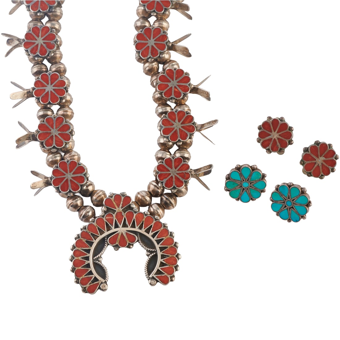 *Native American Coral Inlay, Turquoise Inlay, Silver Jewelry Suite: *Native American Coral Inlay, Turquoise Inlay, Silver Jewelry Suite. Including one coral inlay, silver squash blossom 21 inch necklace; a pair of matching non-pierced ear clips measuring approximately