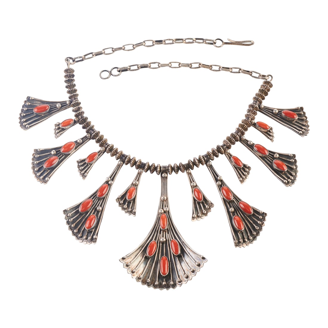 *Native American Coral, Silver Jewelry Suite: *Native American Coral, Silver Jewelry Suite. Including one oval shaped red coral cabochon, silver fan motif 18 inch necklace (center pendant measures approximately 4 inches in length); one matching c