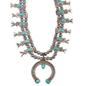 Native American Turquoise, Silver Squash Blossom Necklace