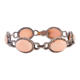 *Coral, Diamond, Oxidized Silver Bracelet