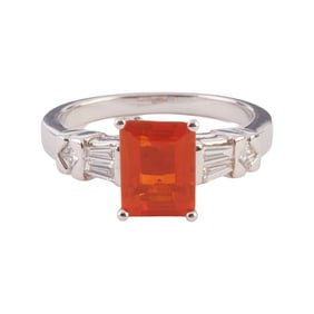 Fire Opal, Diamond, Platinum Ring