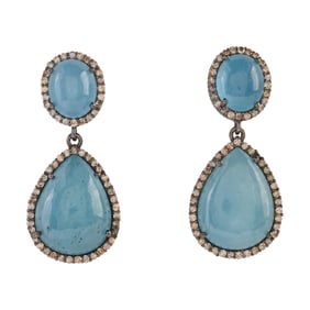 Pair of Aquamarine, Diamond, Oxidized Silver Earrings