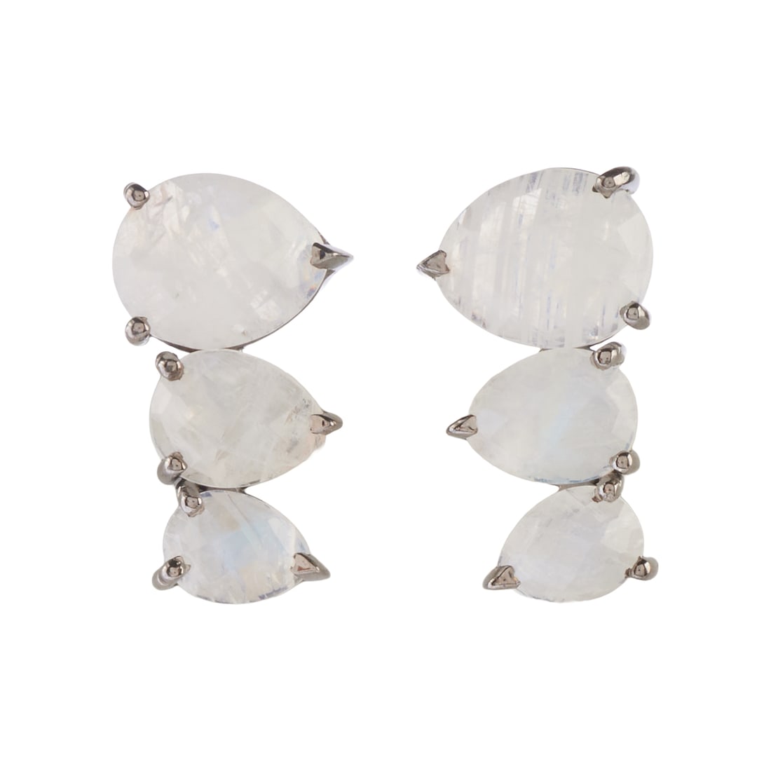 Pair of Moonstone, Oxidized Silver Earrings: Pair of Moonstone, Oxidized Silver Earrings. Each featuring three graduated pear shape, faceted moonstones, set in an oxidized silver mounting measuring approximately 19 x 11 mm. {Gross Weight: 2.3 dw