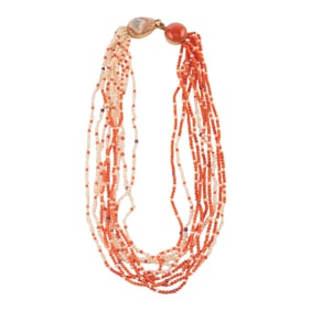 *Native American Coral, Freshwater Cultured Pearl, Agate, 14k Yellow Gold Necklace