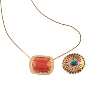 *Native American Yazzie Johnson Coral, Turquoise, 14k Yellow Gold Jewelry Suite