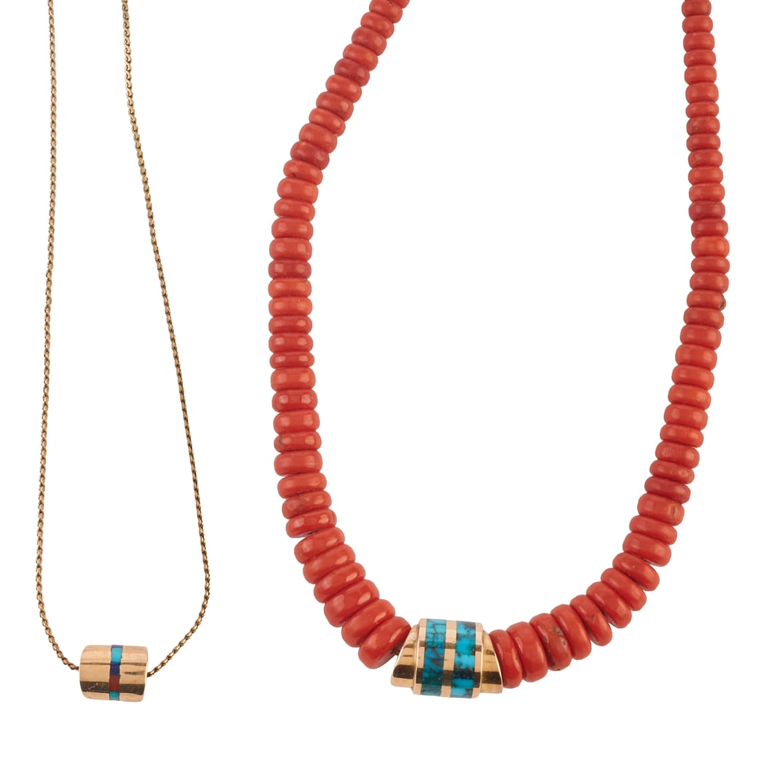 *Two Native American Coral, Turquoise, 14k Yellow Gold, Gold-Filled Necklaces: *Two Native American Coral, Turquoise, 14k Yellow Gold, Gold-Filled Necklaces. Including one turquoise inlay, 14k yellow gold pendant measuring approximately 11 x 15 mm, suspended from a graduated str