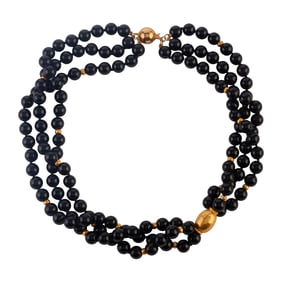 Black Onyx Bead, 21k Yellow Gold Bead, 14k Yellow Gold Necklace