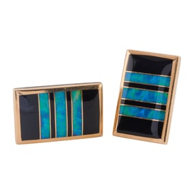 Pair of Opal Inlay, Black Onyx, 14k Yellow Gold Cufflinks