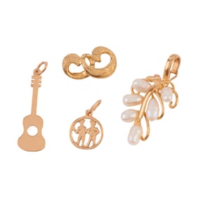 Collection of Four Freshwater Cultured Pearl, Yellow Gold Pendant Charms
