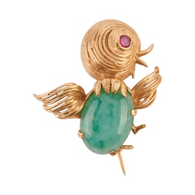 Jadeite Jade, Synthetic Ruby, 14k Yellow Gold Bird Brooch