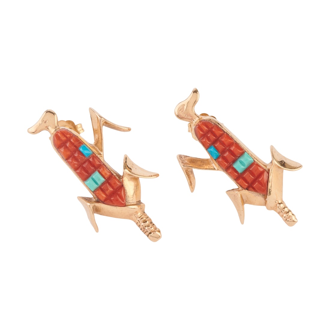 *Pair of Native American Coral, Turquoise, 14k Yellow Gold Earrings: *Pair of Native American Coral, Turquoise, 14k Yellow Gold Earrings. Each designed as a corn on the cob in the husk, the corn comprised of cobblestone coral and turquoise segments, set in a 14k yellow