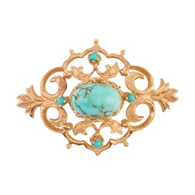 Turquoise, 14k Yellow Gold Brooch