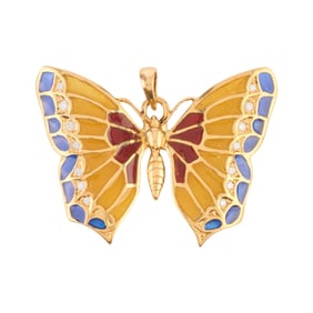 Plique-a-Jour Enamel, Diamond, 18k Yellow Gold Butterfly Pendant