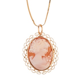 Shell Cameo, 14k Yellow Gold Pendant Brooch Necklace