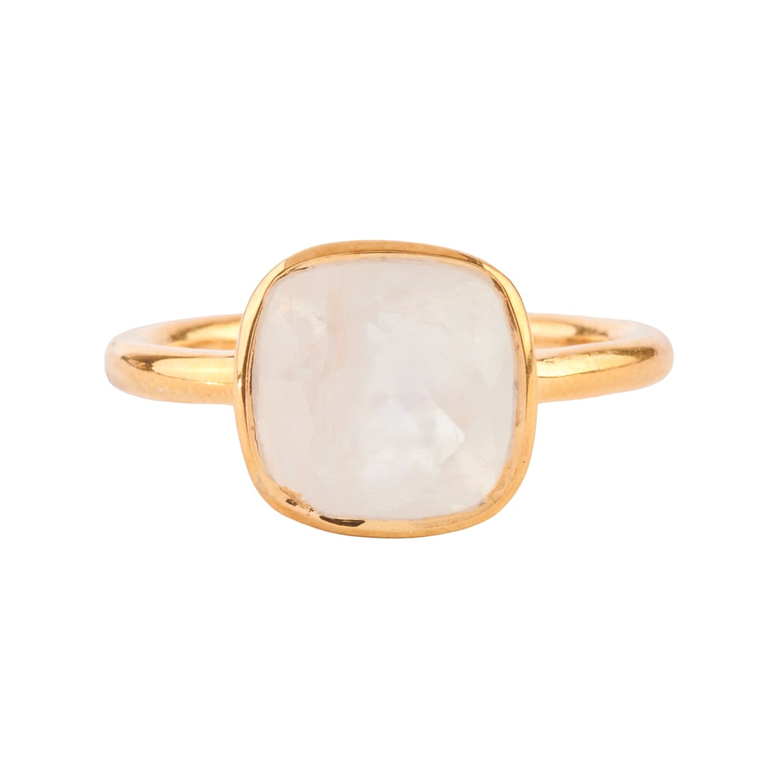 Moonstone, Vermeil Ring: Moonstone, Vermeil Ring. Featuring one square cushion shaped, faceted-top moonstones, bezel set in a vermeil mounting. {Size: 6 1/2, Gross Weight: 2.2 dwts}