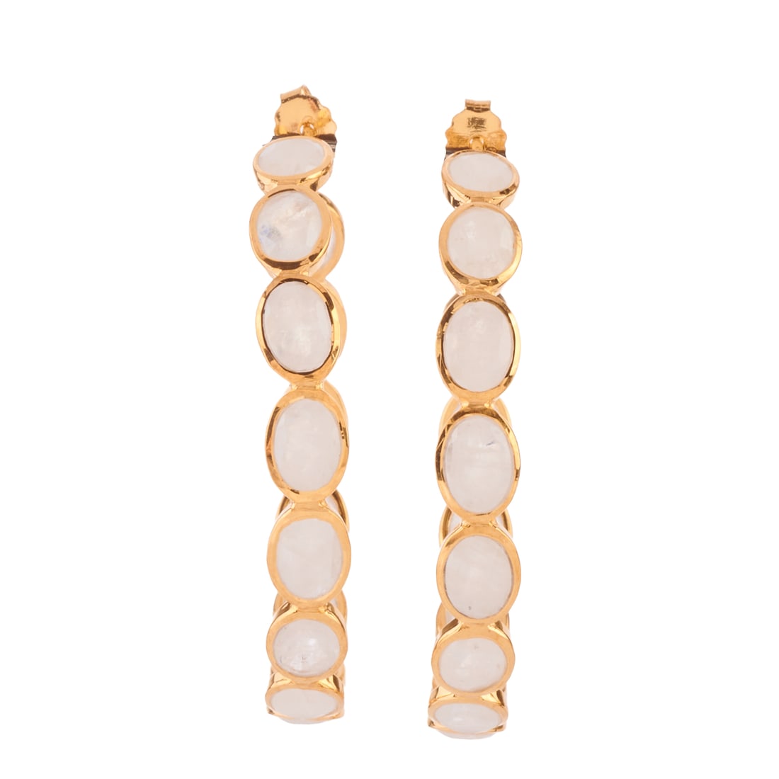 Pair of Moonstone, Vermeil Hoop Earrings: Pair of Moonstone, Vermeil Hoop Earrings. Each featuring fourteen oval-cut moonstones, bezel set in a vermeil hoop mounting measuring approximately 45 x 6 mm. {Gross Weight: 6.9 dwts}