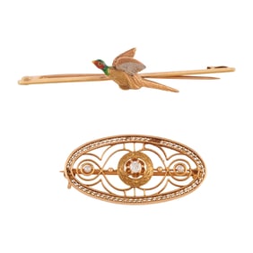 Two Victorian Diamond, Enamel, Seed Pearl, Yellow Gold Brooches