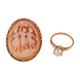 Shell Cameo, Cultured Pearl, Yellow Gold Jewelry Suite