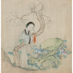 Framed Chinese Silk Painting of a Lady Under a Blossoming Tree