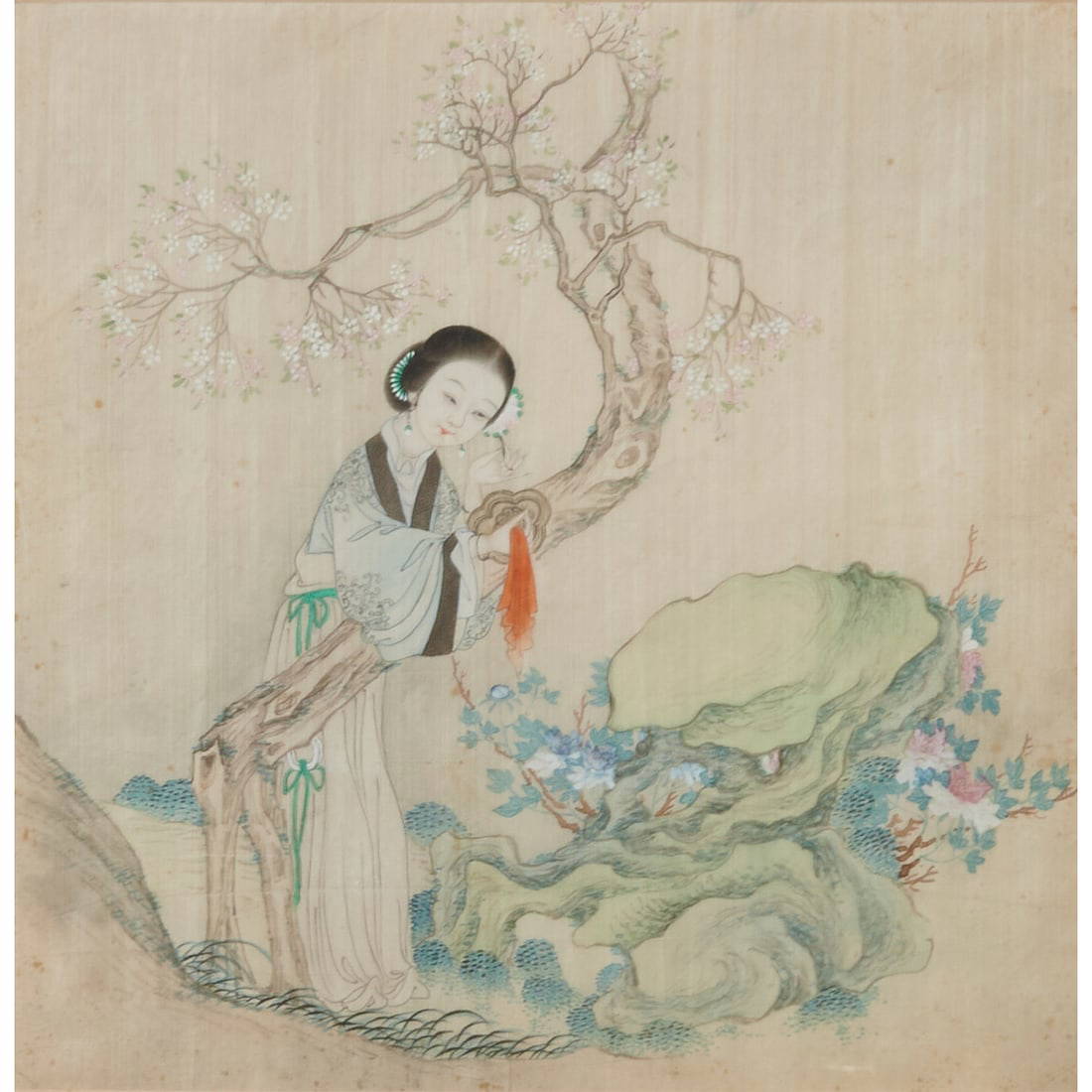 Framed Chinese Silk Painting of a Lady Under a Blossoming Tree