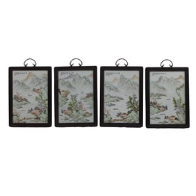 Set of Four Framed Chinese Porcelain Enameled Plaques