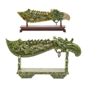 Two Chinese Carved Jade Dragon Swords on Bases