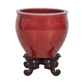 Chinese Oxblood Porcelain Fish Bowl Planter with Stand