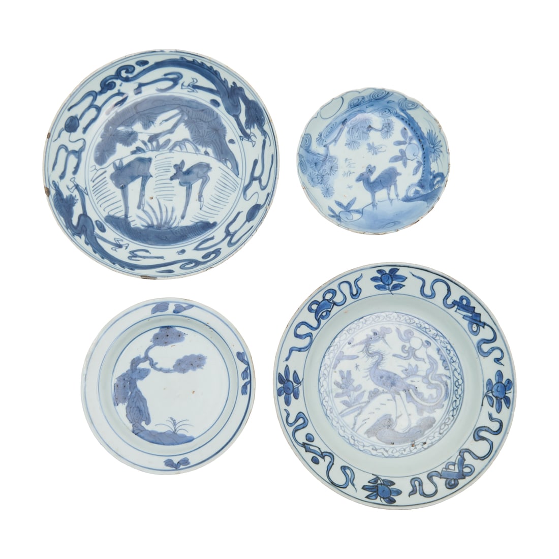 Group of Four Chinese Blue and White Porcelain Dishes: Group of Four Chinese Blue and White Porcelain Dishes, Including Ming Dynasty. each painted in underglaze cobalt blue on a glazed white ground. The largest dish shows a central motif of deer and crane