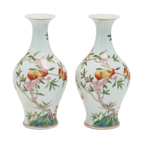 Pair of Chinese Famille Rose Porcelain, Bats and Peaches Vases