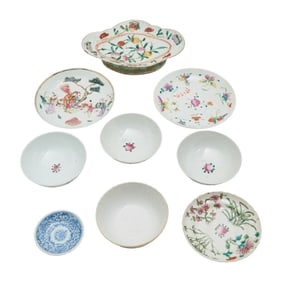 Group of Nine Chinese Assorted Porcelain Dishes and Bowls