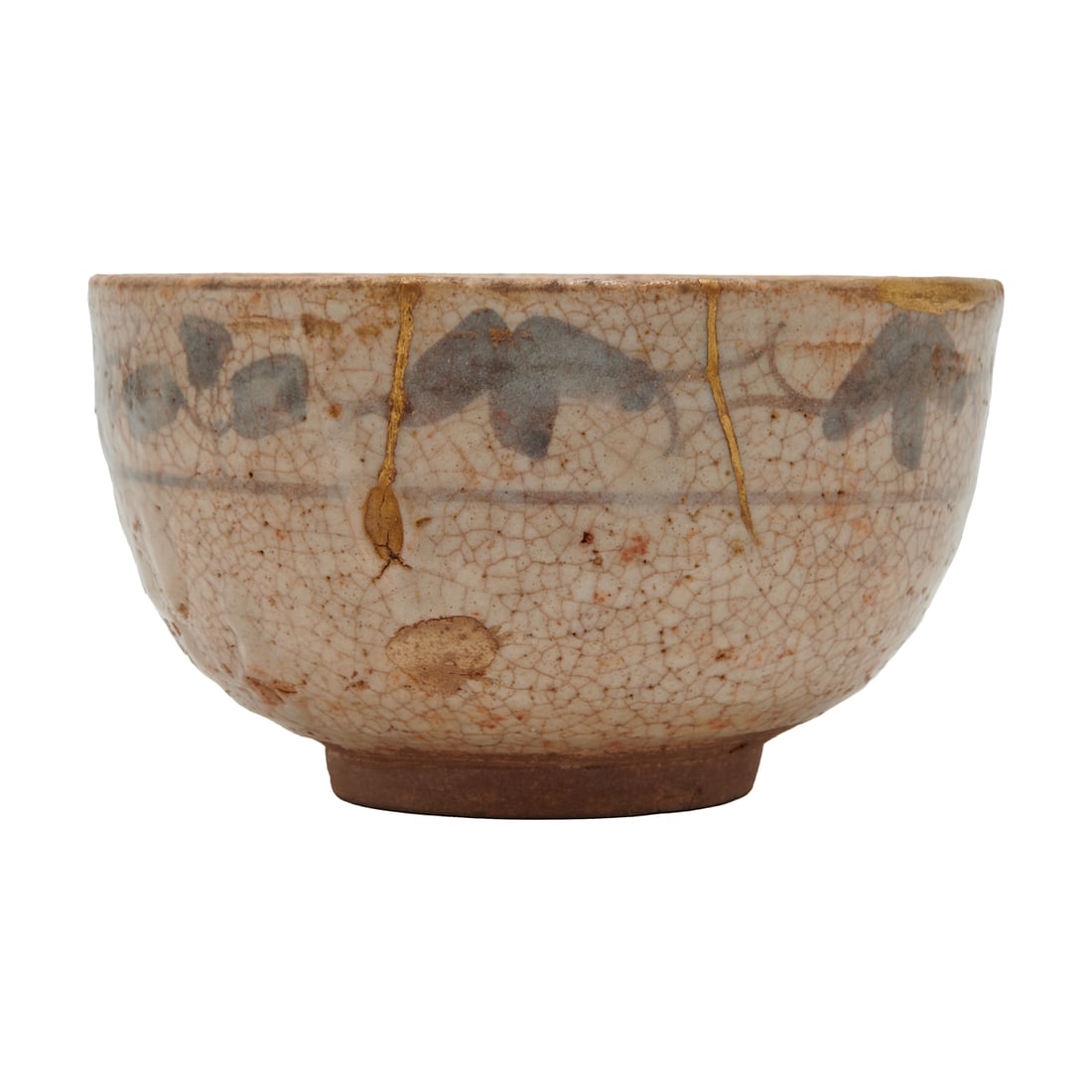 A Japanese Momoyama Tea Bowl with a Wooden Box: A Japanese Momoyama Tea Bowl in a Wooden Box.'15th/16th century. Chawan tea bowl with traditional 24k gold Kintsugi repair. With fitted wooden box and fine Shifuku with foo lion'sleeve. {Approximate d