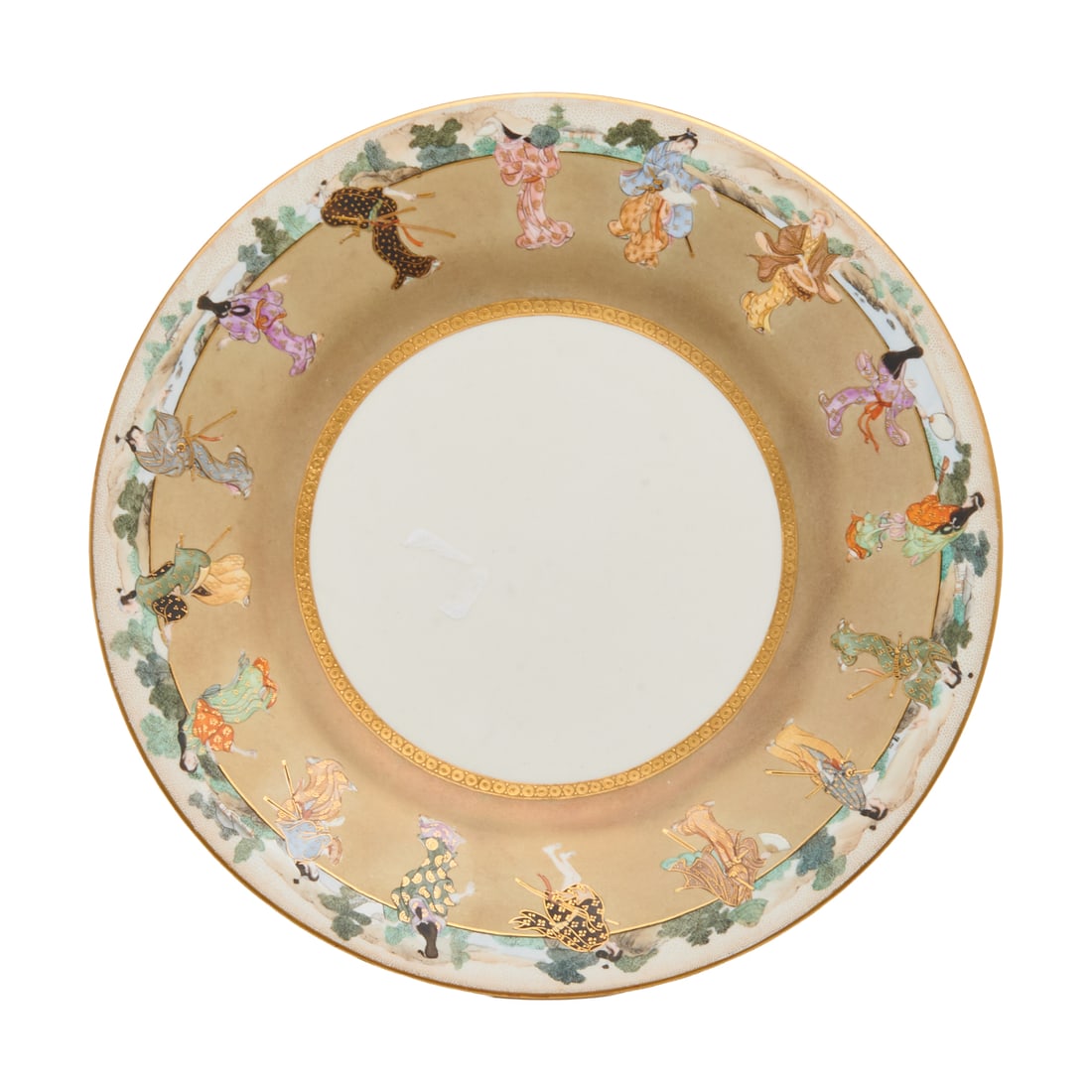 A Japanese Satsuma, Figures Plate: A Japanese Satsuma 'Figures' Plate.'A Japanese Satsuma plate of circular form, the wide rim painted on a warm buff ground with a continuous frieze of elegantly robed figures walking in procession befo