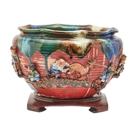 Large Japanese Sumida Gawa Pottery Pot with Base