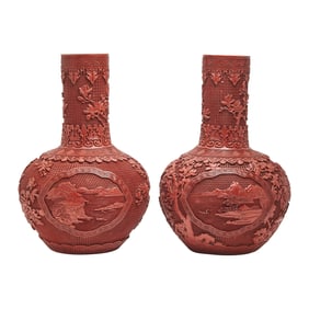 Pair of Large Chinese Cinnabar Vases