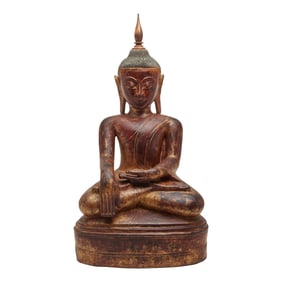 A Burmese Red Lacquered and Gilt Seated Buddha