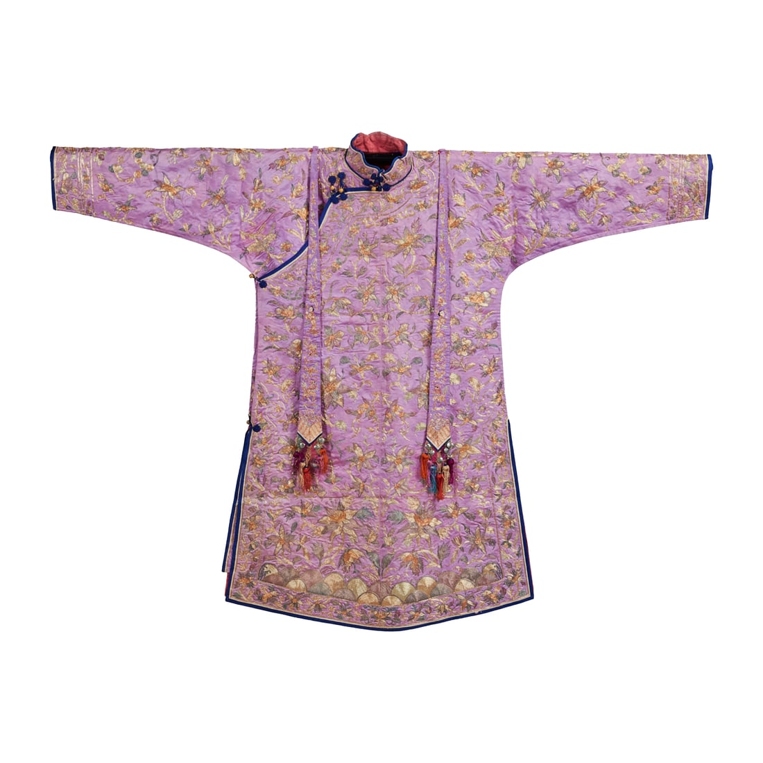 Chinese Silk Embroidered Lavender Ground Jacket and Skirt: Chinese Silk Embroidered Lavender Ground Jacket and Skirt.'A two-piece Chinese costume set comprising a full-sleeved silk jacket and matching skirt, woven in a lavender ground and embroidered througho
