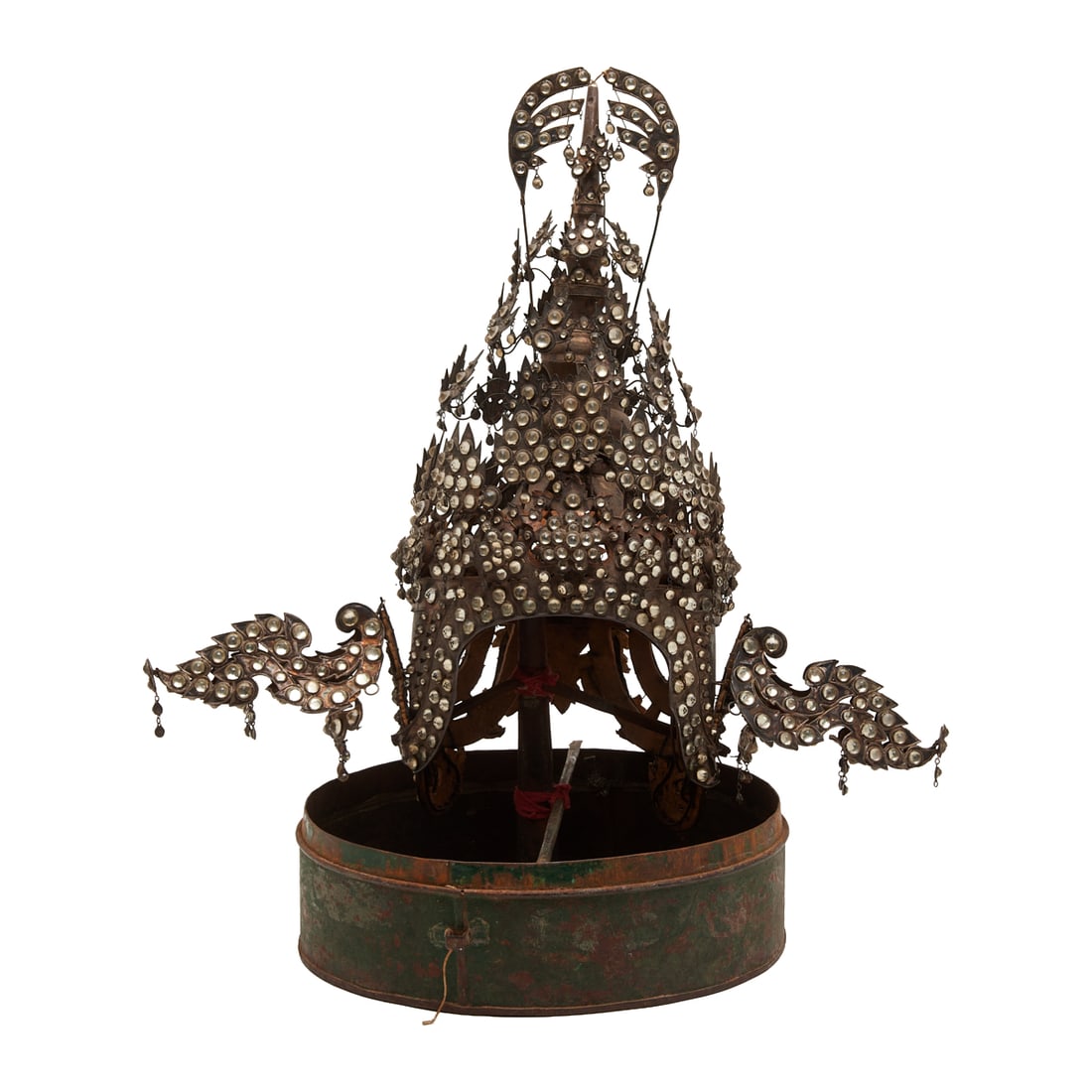 Thai Inlaid Ceremonial Headdress in Patinated Metal Case: Thai Inlaid Ceremonial Headdress in Patinated Metal Case.'A Thai ceremonial headdress presented in an original patinated metal storage case with a top ring handle and side latch closure. The headdress
