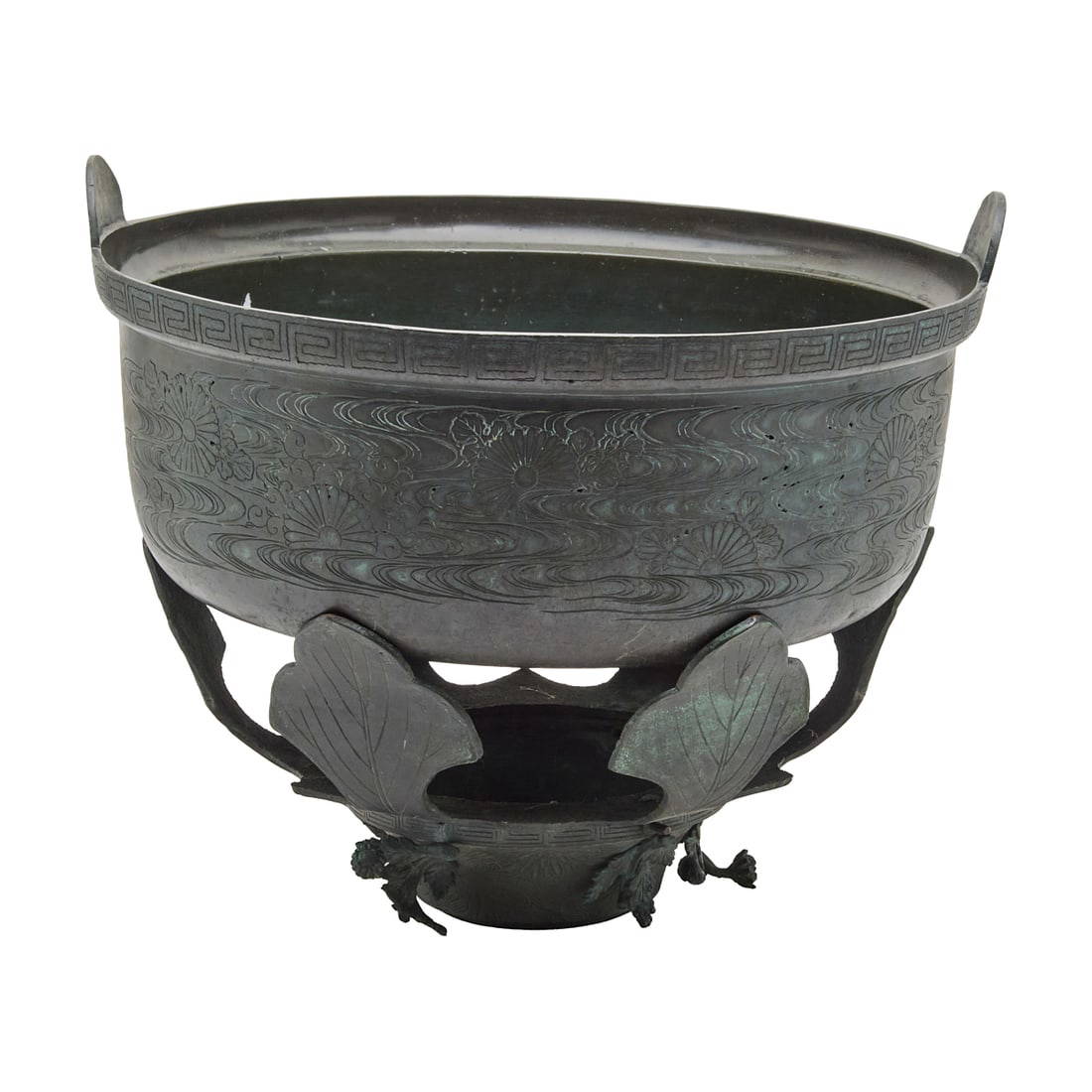 A Large Japanese Bronze and Mixed Metal Bowl on Stand, Chrysanthemum Motifs