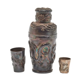 Three Japanese Theme Sterling Silver Presentation Cocktail Shaker Set