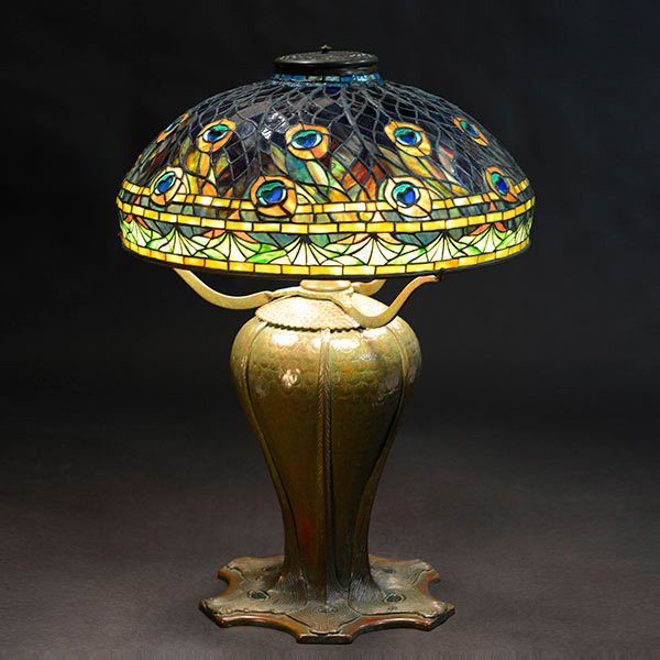 Tiffany Studios Peacock Table Lamp: Tiffany Studios Peacock Table Lamp. The Peacock was one of Tiffany's favorite design motifs, often occurring in his stained glass windows, vases, and enamels. This line of peacock lamps mirrors the br