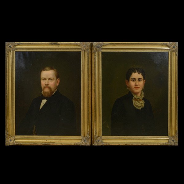 FRANK M. PEBBLES "Mr. & Mrs. William John Landers": FRANK M. PEBBLES (American 1839-1928) "Mr. & Mrs. William John Landers, 1881" Oil on canvas. 30.25 x 25 inches/ 76.8 x 63.5 centimeters. Mr. William John Landers: Signed & dated lower left "Frank M. P