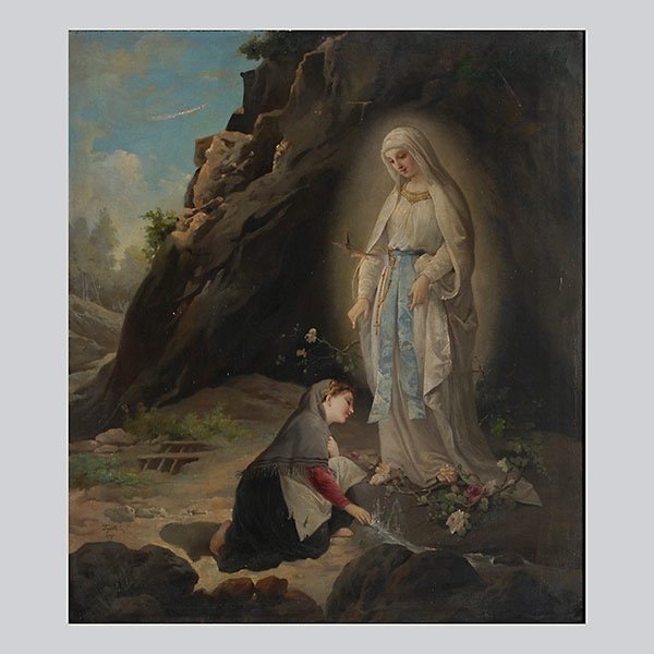 EDUARDO TOJETTI "Annunciation 1877" Oil: EDUARDO TOJETTI (American 1851-1930) "The Annunciation, 1877" Oil on canvas. 36 x 30.75 inches/ 91.5 x 78.1 centimeters. Signed and dated lower left "Tojetti 1877" Frame: 42 x 37 inches/ 106.7 x 94 ce