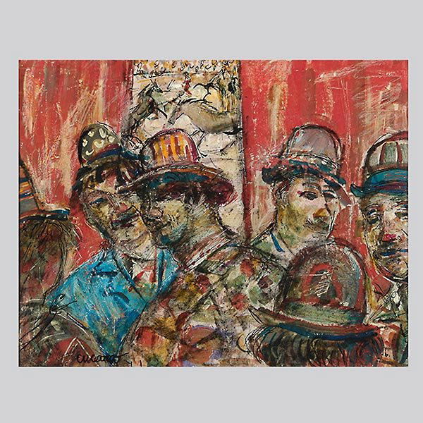 PASCAL CUCARO "Clowns in Waiting" Oil: PASCAL CUCARO (American 1915-2004) "Clowns in Waiting" Oil on canvas. 16 x 20 inches/ 40.6 x 50.8 centiemters. Signed lower left "Cucaro" Verso: Cory Gallery label. Frame: 23.25 x 27.5 inches/ 59 x 69