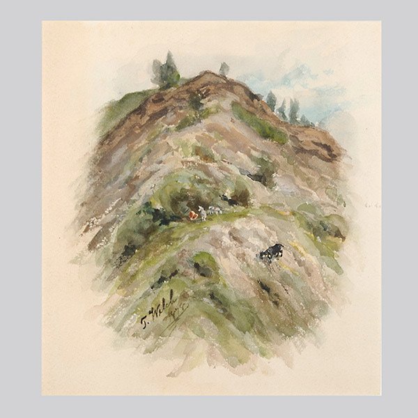 THADDEUS WELCH "Hillside Goats" Watercolor: THADDEUS WELCH (American 1844-1919) "Hillside Goats, 1878" Watercolor on paper. Sight: 7.25 x 6.25 inches/ 18.4 x 15.8 centiemters. Signed and dated lower left "T Welch 1878" Frame: 13.75 x 12.25 inch