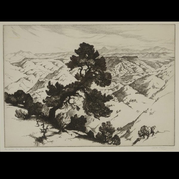 GENE KLOSS "Far Across the Rio Grande" Etching: GENE KLOSS (American 1903-1996) "Far Across the Rio Grande" Etching on paper. Plate: 9.9 x 14 inches/ 25 x 35.5 centimeters. Signed in pencil lower right "Gene Kloss" Titled lower left "Far Across the