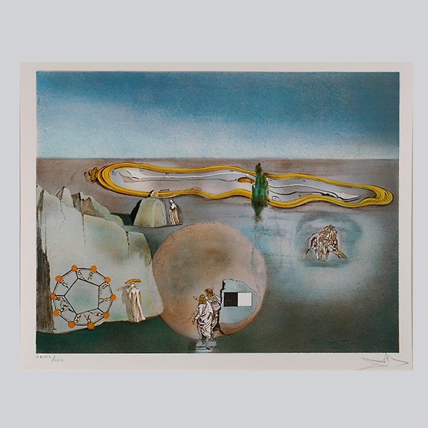 Dali "Surreal Landscape w/ Clock" Litho: After SALVADOR DALI (Spanish 1904-1989) "Surrealist Landscape with Clock" Lithograph on paper. Image: 18 x 23 inches/ 45.7 x 58.4 centimeters. Signed lower right "Dali" Embossed signature and Numbered