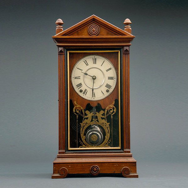 Seth Thomas Clock with Gilt Stenciled Decoration: Seth Thomas Shelf Clock with Gilt Stenciled Decoration {Dimensions 20 1/4 x 10 1/2 x 4 3/4 inches} [Key]